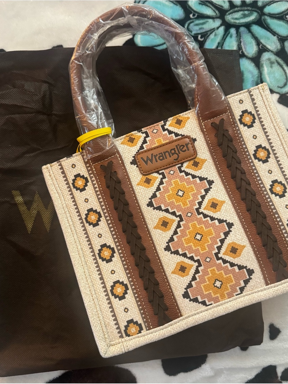 Wrangler Beige Canvas Tote with Brown Trim and Yellow Accents